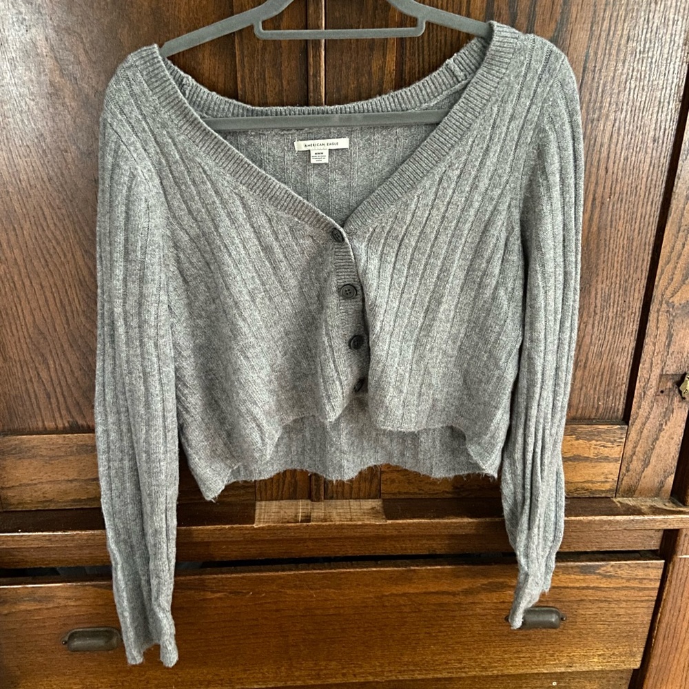 Gray cropped button up sweater American Eagle